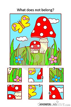 Visual puzzle with picture fragments.Toadstools, butterfly, grass, flowers. What does not belong? Vector Illustration